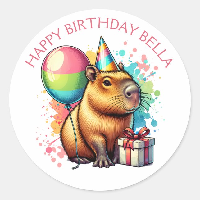  Pink Capybara Themed Girl's Happy Birthday  Classic Round Sticker (Front)