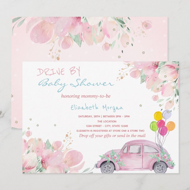 Pink Car Balloons Flowers Drive By Baby Shower Invitation (Front/Back)