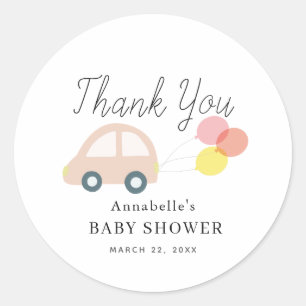 Pink Car Balloons White Girl Baby Shower Classic Round Sticker