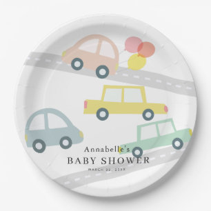 Pink Car Balloons White Girl Baby Shower Paper Plate