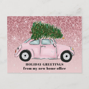 Pink Car Christmas Tree Glitter New Home Office Announcement Postcard