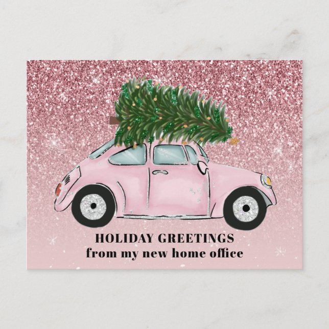 Pink Car Christmas Tree Glitter New Home Office Announcement Postcard (Front)