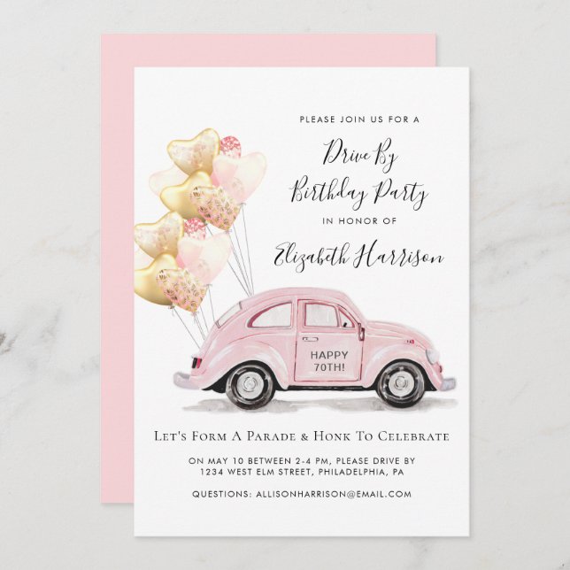 Pink Car Drive By Birthday Party Invitation (Front/Back)