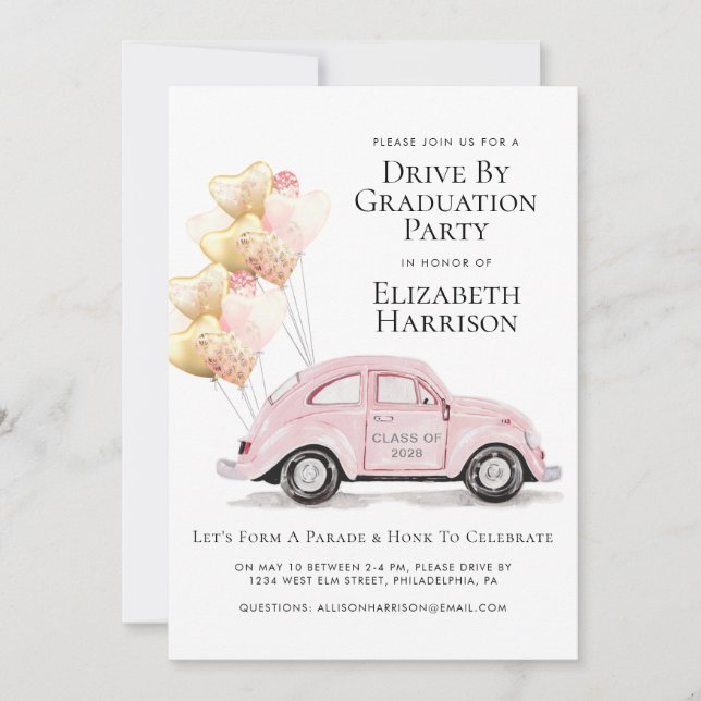 Pink Car Drive By Graduation Party Invitation (Front)