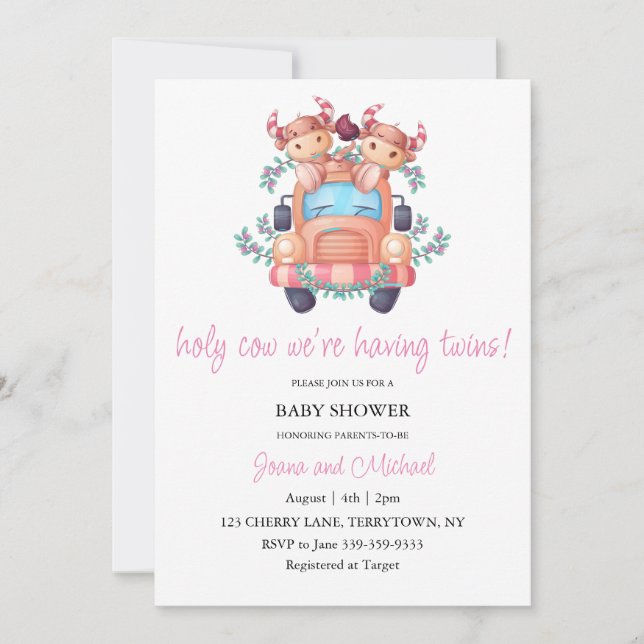 Pink Car Holy Cow We'Re Having Twins Baby Shower Invitation (Front)