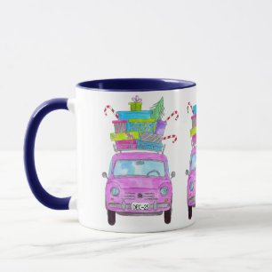 Pink Car with Christmas Gifts Watercolor Mug