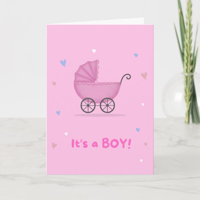 PINK card for welcoming a baby boy (Front)
