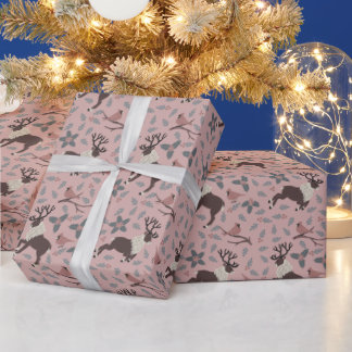 Pink Cardinals & Reindeer Wrapping Paper