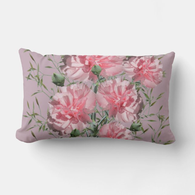 Pink Carnation and Foliage Medium Pink Background  Lumbar Cushion (Front)
