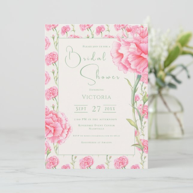 Pink Carnation Floral Bridal Shower Invitation (Standing Front)