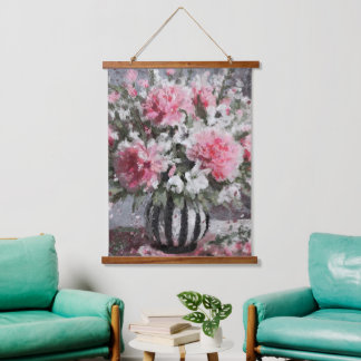 Pink Carnation Floral Flower Arrangement Black Hanging Tapestry