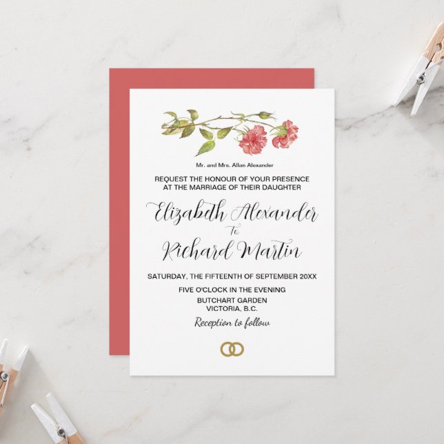 pink carnation wedding invitation (Front/Back In Situ)