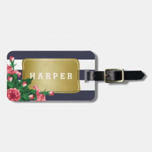 Pink Carnations & Blue Stripes Custom Name Luggage Tag