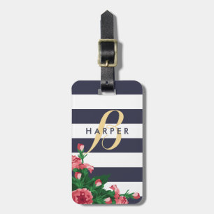Pink Carnations & Blue Stripes Name & Monogram Luggage Tag