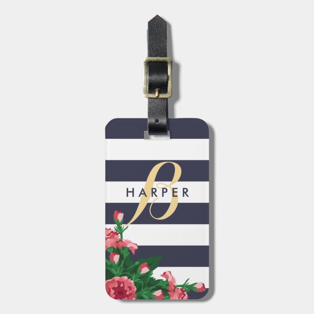 Pink Carnations & Blue Stripes Name & Monogram Luggage Tag (Front Vertical)