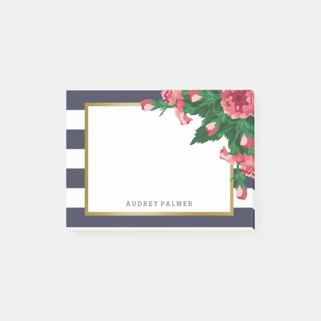 Pink Carnations & Navy Blue Stripes Custom Name Post-it Notes (Front)
