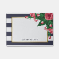 Pink Carnations & Navy Blue Stripes Custom Name