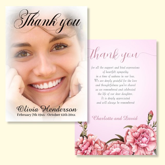 Pink Carnations Soft White Photo Memorial Thank Yo Thank You Card (Creator Uploaded)