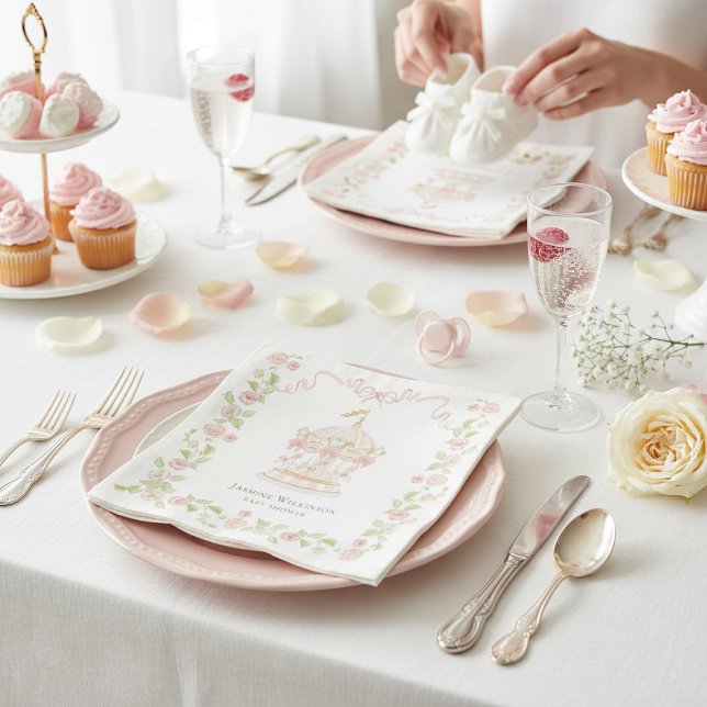 Pink Carousel Floral Baby Shower Paper Napkins (Creator Uploaded)
