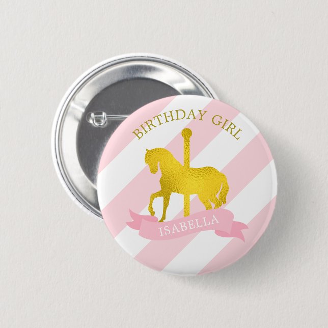 Pink Carousel Horse "Birthday Girl" 6 Cm Round Badge (Front & Back)