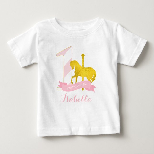 Pink Carousel Horse Birthday Girl Baby T-Shirt (Front)