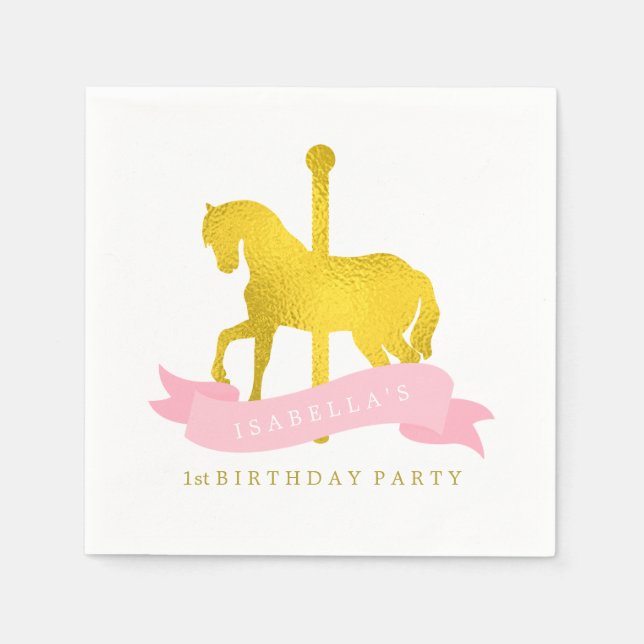 Pink Carousel Horse Birthday Party Napkin (Front)