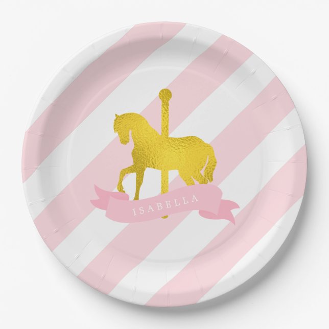 Pink Carousel Horse Birthday Party Paper Plate (Front)