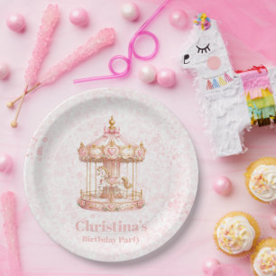 Pink Carousel Princess Birthday Party Paper Plate
