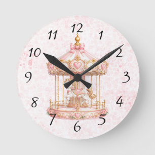 Pink Carousel Princess Birthday Party Round Clock