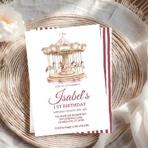 Pink Carousel Watercolor for girl Birthday  Invitation