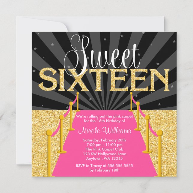 Pink Carpet Gold Glam Hollywood Sweet 16 Birthday Invitation (Front)