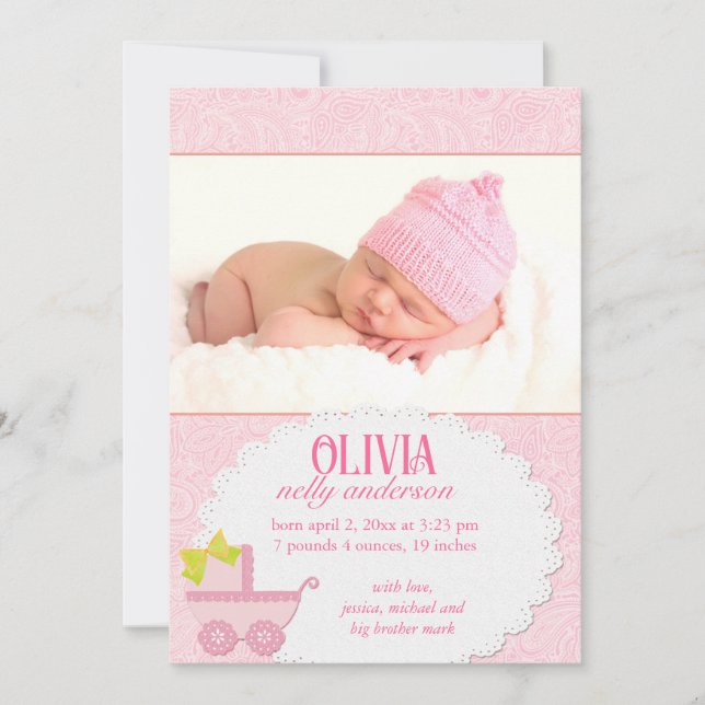 Pink Carriage Baby Girl Photo Birth Announcement (Front)