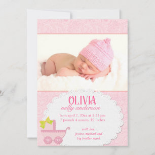 Pink Carriage Baby Girl Photo Birth Announcement