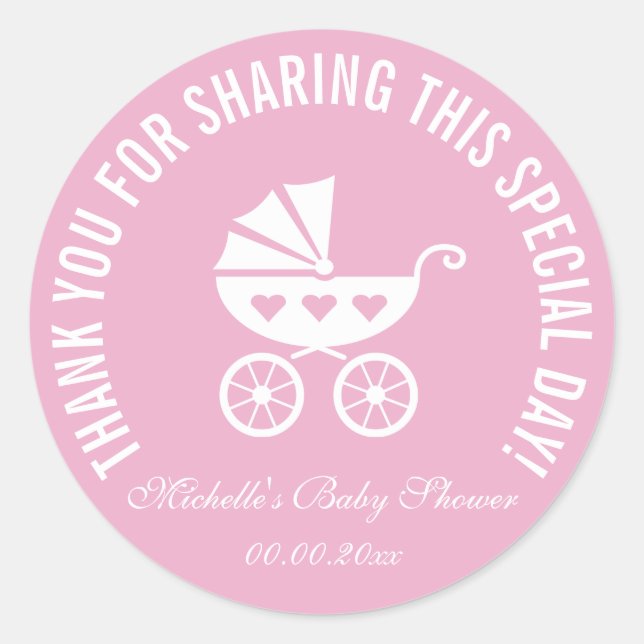 Pink carriage baby shower party favour stickers (Front)