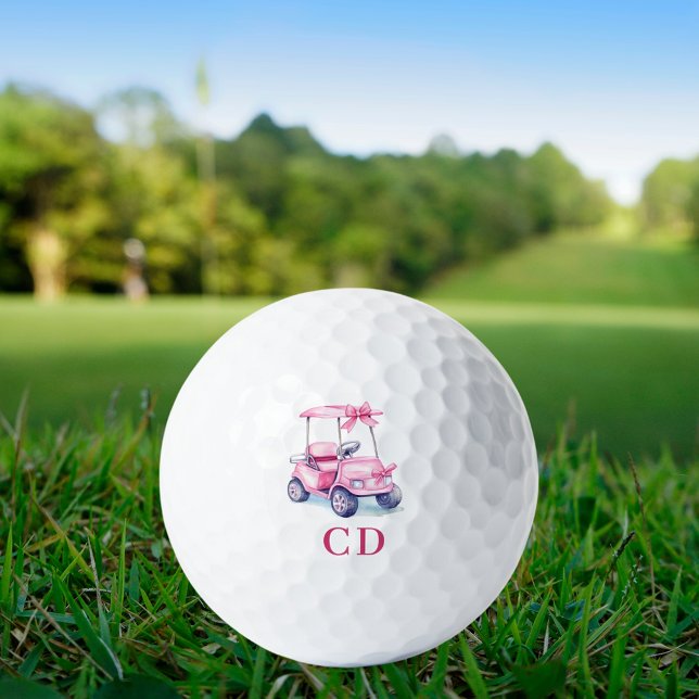 Pink cart monogram initials golf balls (Creator Uploaded)