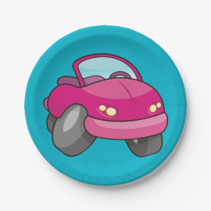 Pink Cartoon Car Paper Plate
