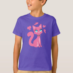 Pink Cartoon Cat and Butterflies Children T-Shirt