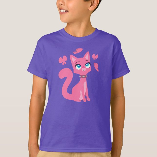 Pink Cartoon Cat and Butterflies Children T-Shirt (Front)
