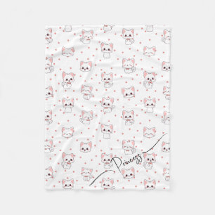 Pink Cartoon Cat Pattern with Stars and Pet Name Fleece Blanket