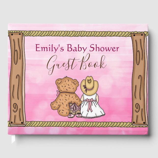 Pink Cartoon Cowgirl Baby Shower  Guest Book (Front)