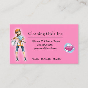 Pink Cartoon Girl House Cleaning Service Business Card