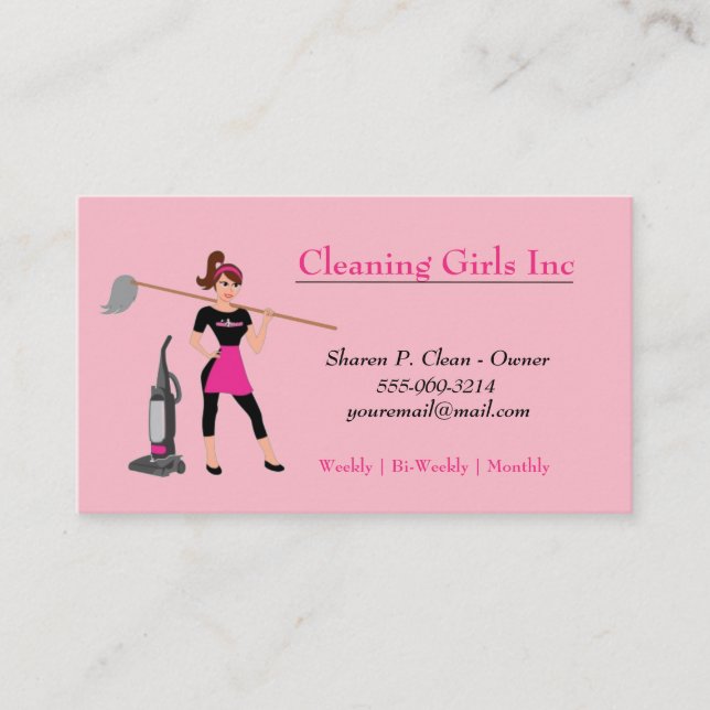 Pink Cartoon Girl With Mop House Cleaning Service Business Card (Front)