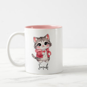 Pink Cartoon Kitty Cat Personalised Coffee Mug