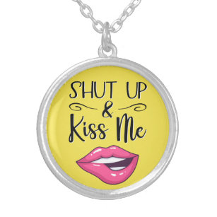 Pink cartoon lips Shut up and kiss me yellow Silver Plated Necklace