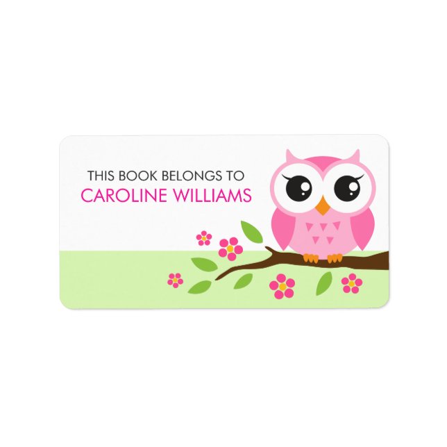 Pink cartoon owl on branch bookplate book label (Front)
