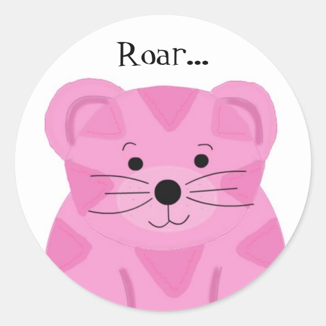 Pink Cartoon Tiger Classic Round Sticker (Front)
