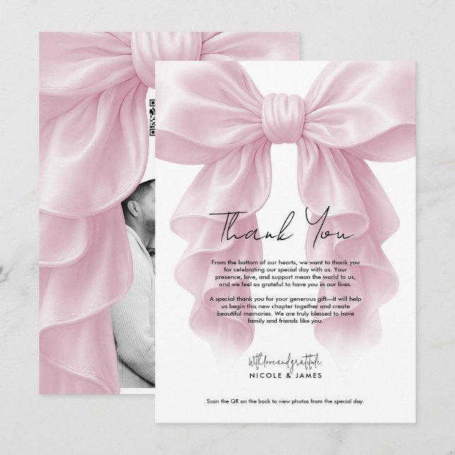 Pink Cascade Ruffle Bow Bridal Wedding Thank You Invitation (Front/Back)