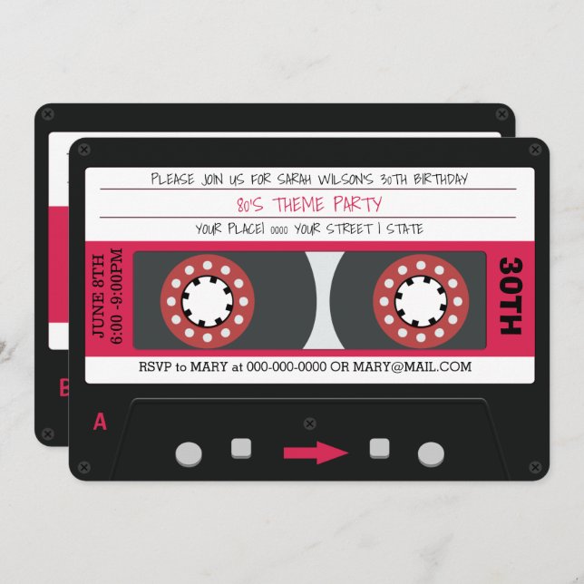 Pink Cassette Tape Retro 80s Birthday Party Invita Invitation (Front/Back)