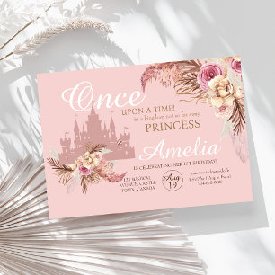 Pink Castle Flower Pampas Princess 1st Birthday  Invitation