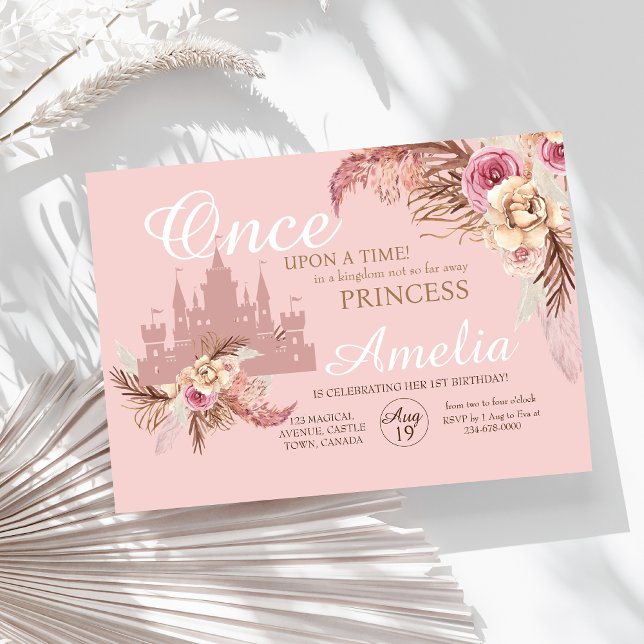 Pink Castle Flower Pampas Princess 1st Birthday  Invitation (Creator Uploaded)
